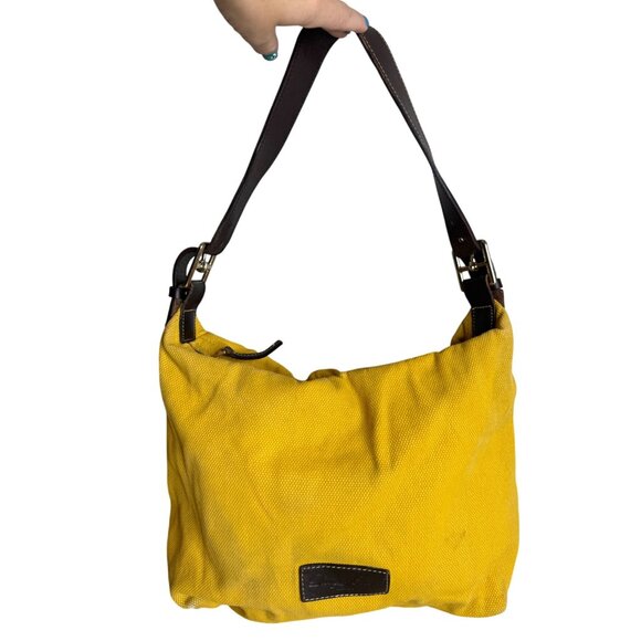 Dooney & Bourke DB Yellow Canvas Shoulder Bag With Brown Leather Strap & Brass H - Picture 1 of 10